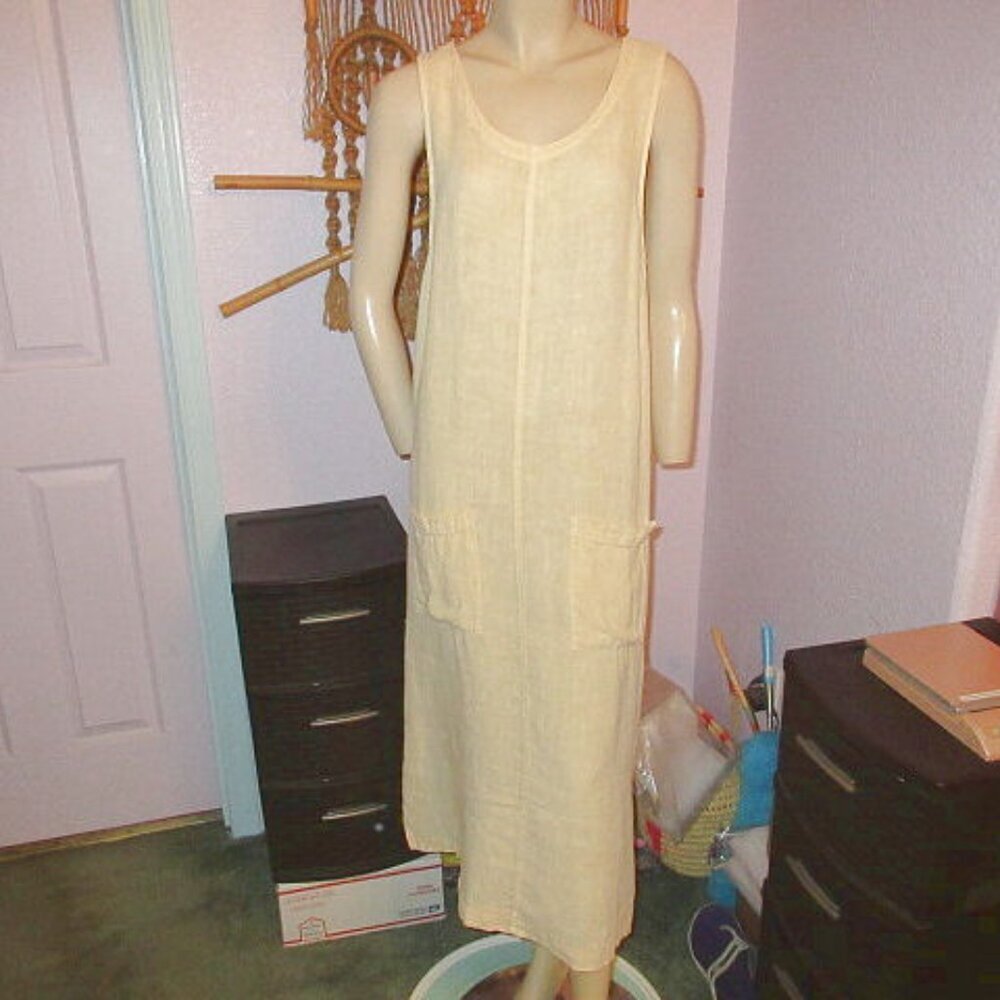 Vtg 80s Dressing Clio Linen Midi Dress Size M Pockets Sleeveless Lagenlook USA